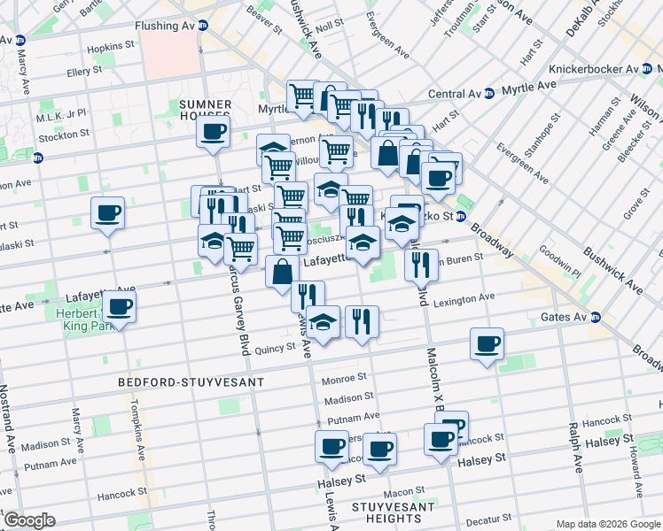 map of restaurants, bars, coffee shops, grocery stores, and more near 935 Lafayette Avenue in Brooklyn