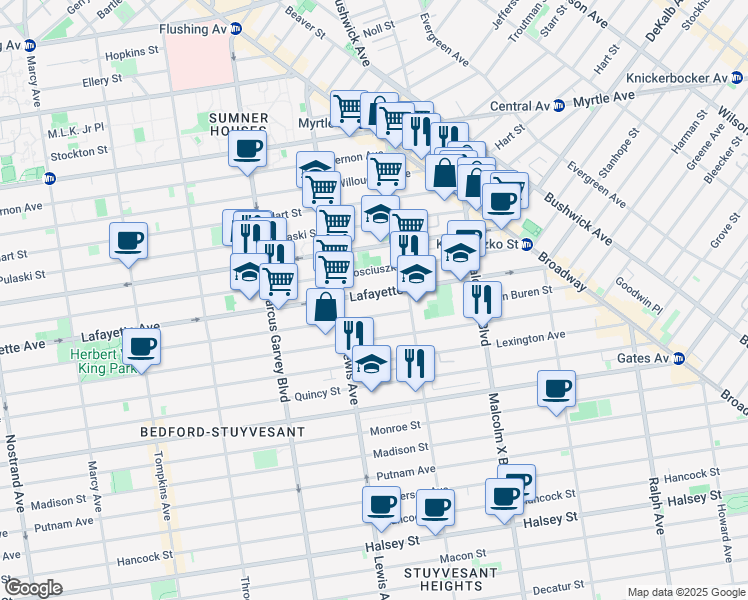 map of restaurants, bars, coffee shops, grocery stores, and more near 935 Lafayette Avenue in Brooklyn