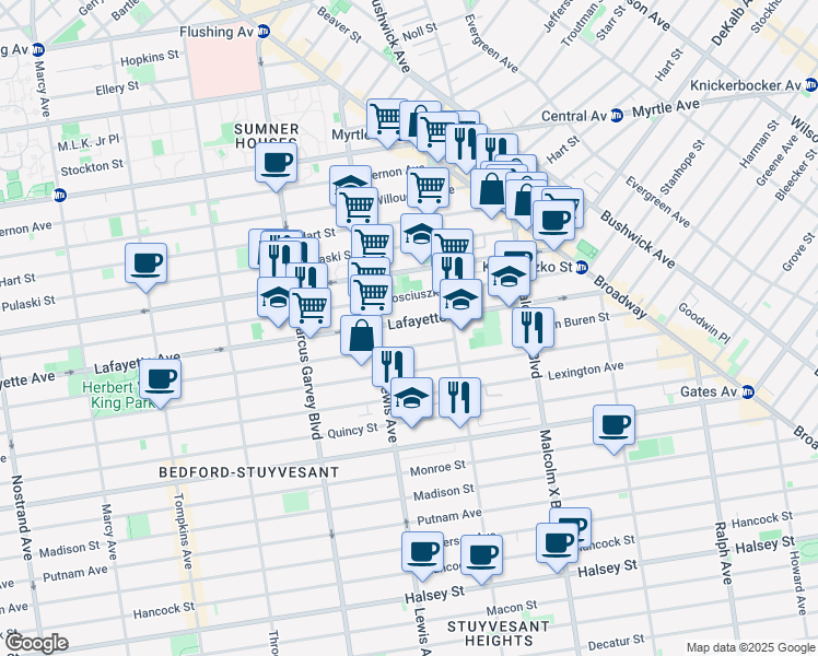 map of restaurants, bars, coffee shops, grocery stores, and more near 935 Lafayette Avenue in Brooklyn