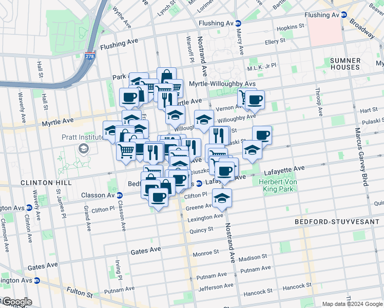 map of restaurants, bars, coffee shops, grocery stores, and more near 205 Spencer Street in Brooklyn