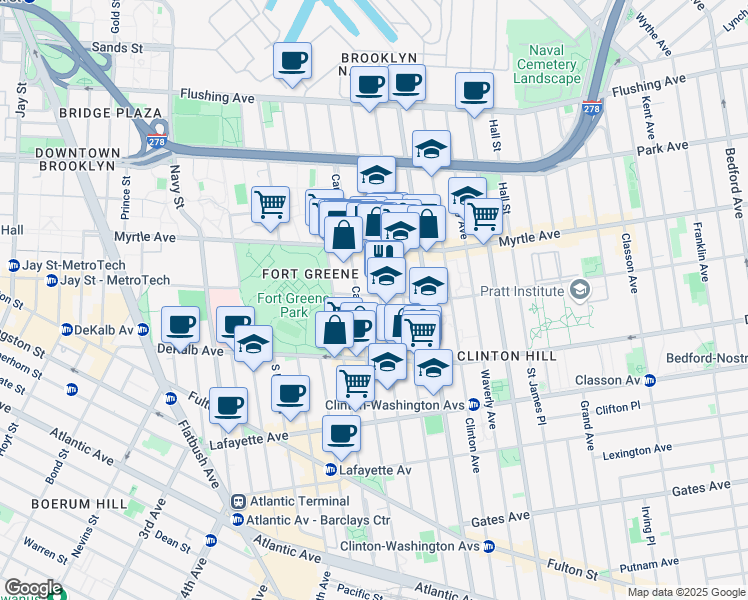 map of restaurants, bars, coffee shops, grocery stores, and more near 191 Carlton Avenue in Brooklyn