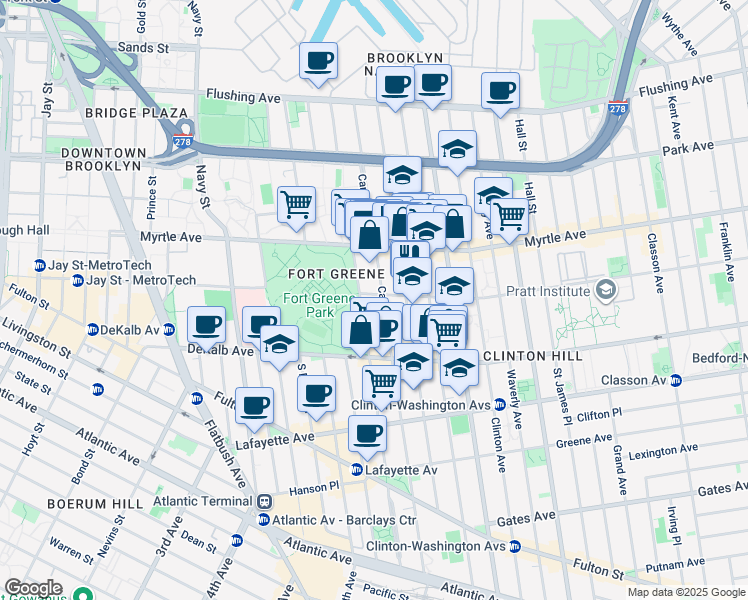 map of restaurants, bars, coffee shops, grocery stores, and more near 191 Carlton Avenue in Brooklyn