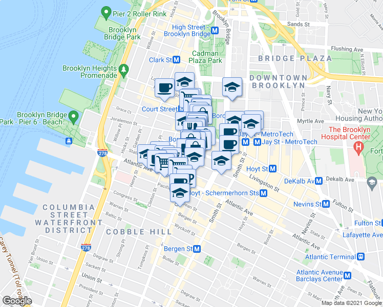 map of restaurants, bars, coffee shops, grocery stores, and more near 86 Court Street in Brooklyn