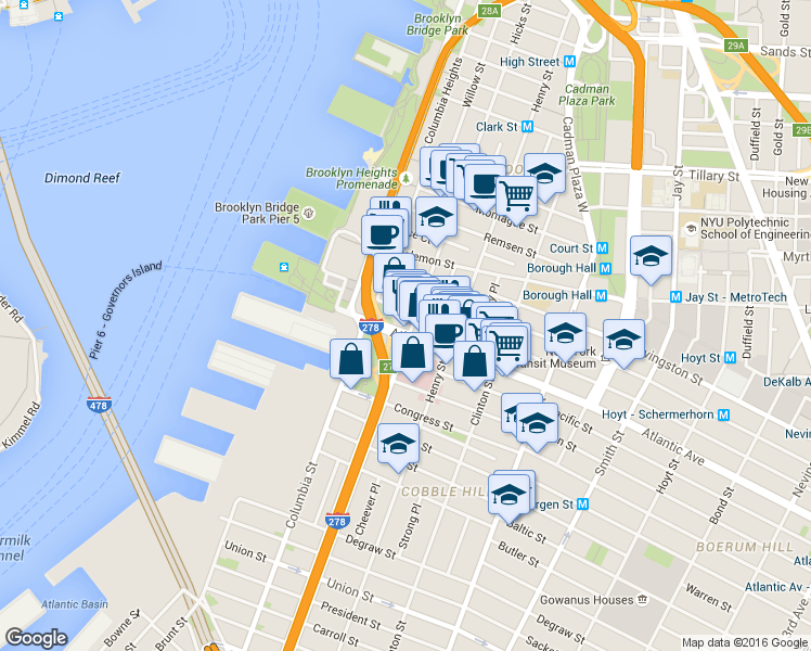 map of restaurants, bars, coffee shops, grocery stores, and more near 41 State Street in Brooklyn