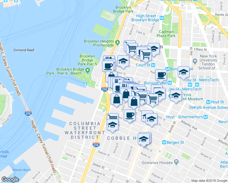 map of restaurants, bars, coffee shops, grocery stores, and more near 41 State Street in Brooklyn