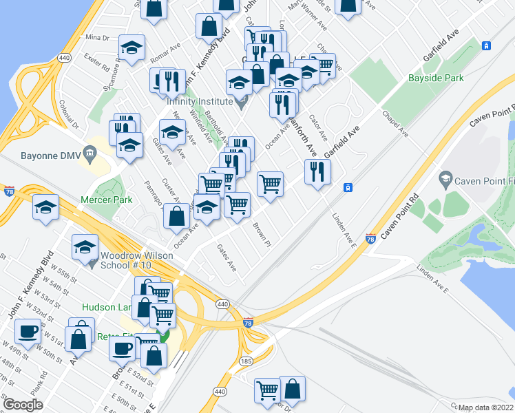 map of restaurants, bars, coffee shops, grocery stores, and more near 64 Winfield Avenue in Jersey City