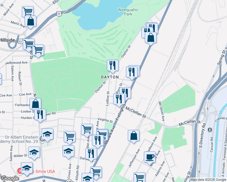 map of restaurants, bars, coffee shops, grocery stores, and more near 5 Ludlow Street in Newark