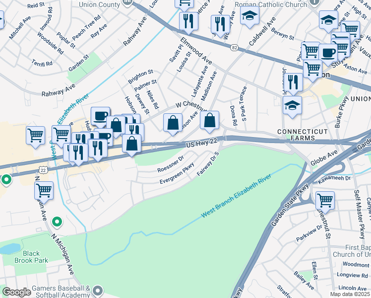 map of restaurants, bars, coffee shops, grocery stores, and more near 2095 U.S. 22 in Union