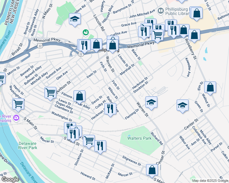 map of restaurants, bars, coffee shops, grocery stores, and more near 355 Firth Street in Phillipsburg