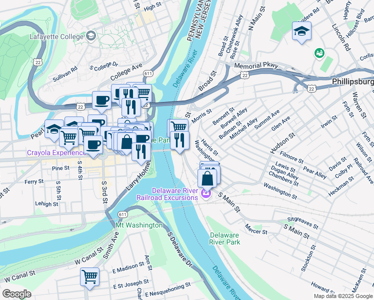 map of restaurants, bars, coffee shops, grocery stores, and more near 16 North Main Street in Phillipsburg