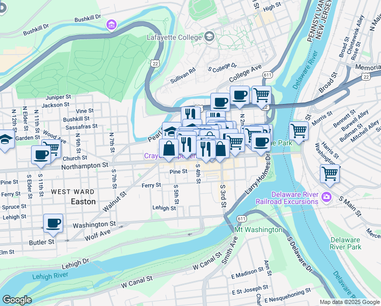 map of restaurants, bars, coffee shops, grocery stores, and more near 30 North 4th Street in Easton
