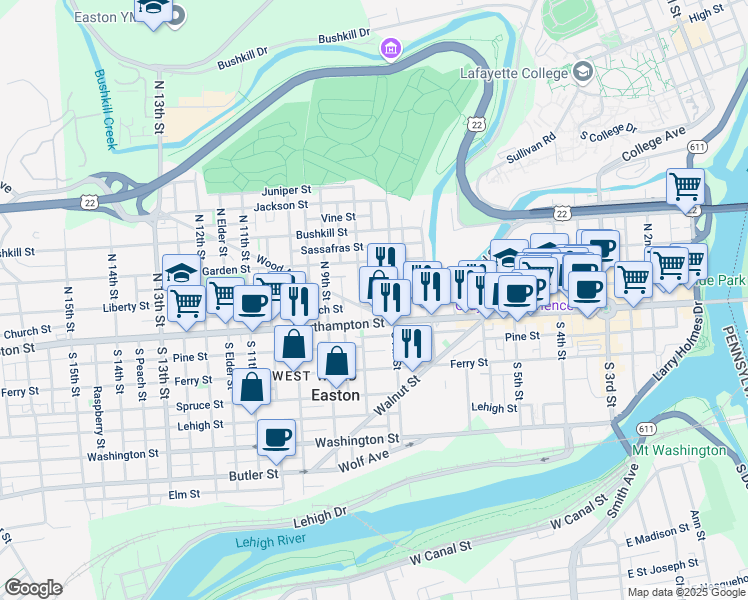 map of restaurants, bars, coffee shops, grocery stores, and more near 719 Pearl Street in Easton