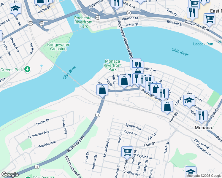 map of restaurants, bars, coffee shops, grocery stores, and more near 298 6th Street in Monaca