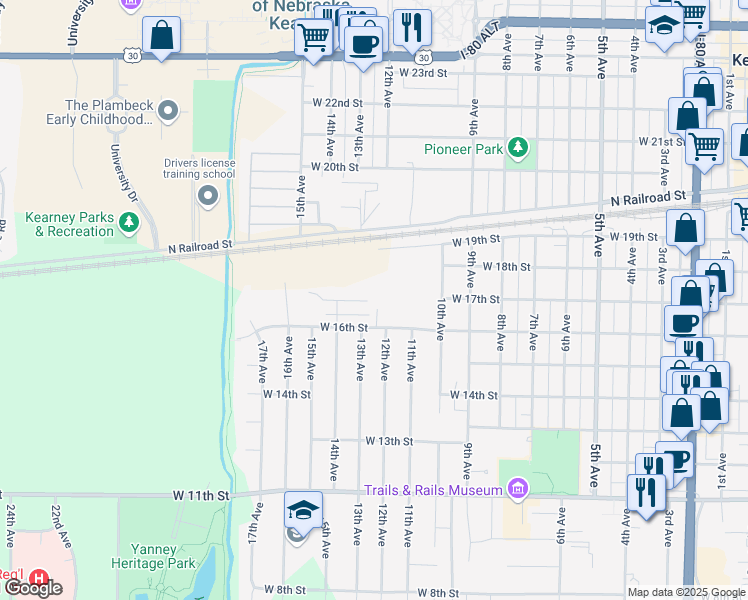 map of restaurants, bars, coffee shops, grocery stores, and more near 1305 East 17th Street in Kearney