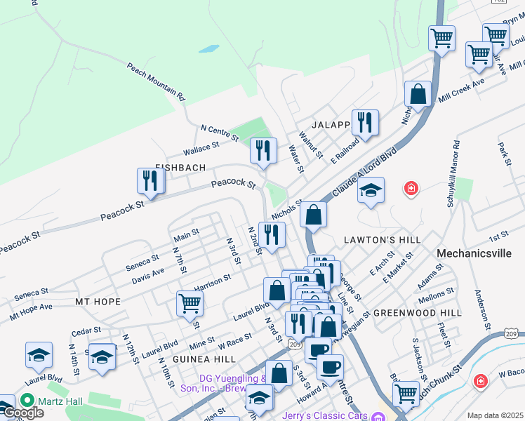 map of restaurants, bars, coffee shops, grocery stores, and more near 615 North Centre Street in Pottsville