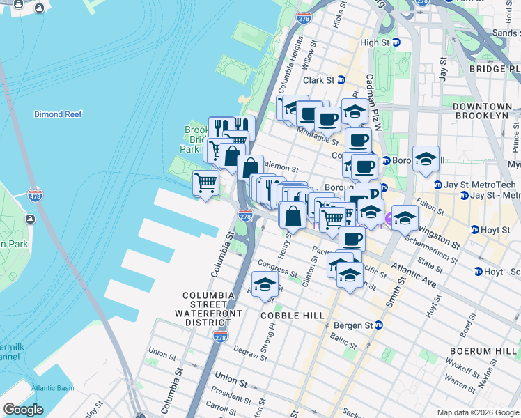 map of restaurants, bars, coffee shops, grocery stores, and more near 41 State Street in Brooklyn