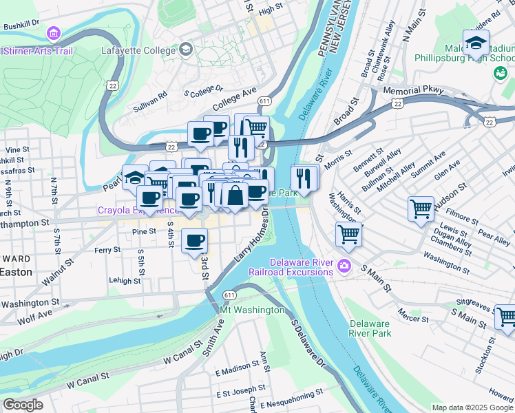 map of restaurants, bars, coffee shops, grocery stores, and more near 115 Northampton Street in Easton