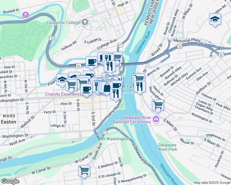 map of restaurants, bars, coffee shops, grocery stores, and more near 109 Northampton Street in Easton