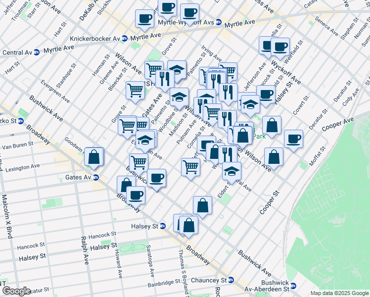map of restaurants, bars, coffee shops, grocery stores, and more near 163 Cornelia Street in Brooklyn