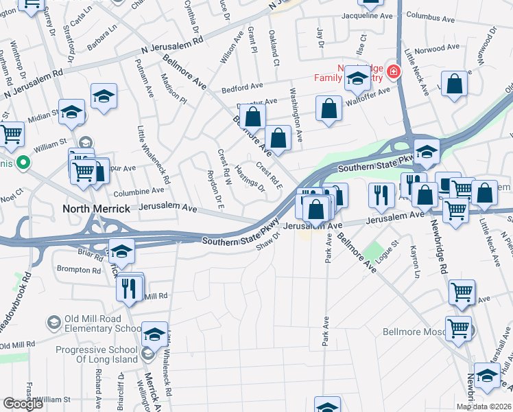 map of restaurants, bars, coffee shops, grocery stores, and more near 10 Alton Court in Merrick