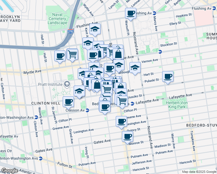 map of restaurants, bars, coffee shops, grocery stores, and more near 219 Franklin Avenue in Brooklyn