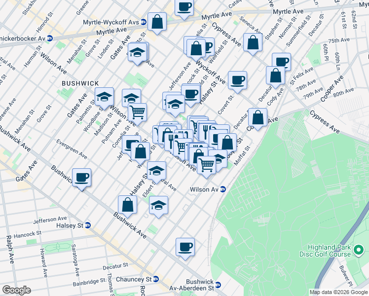 map of restaurants, bars, coffee shops, grocery stores, and more near 258 Eldert Street in Brooklyn
