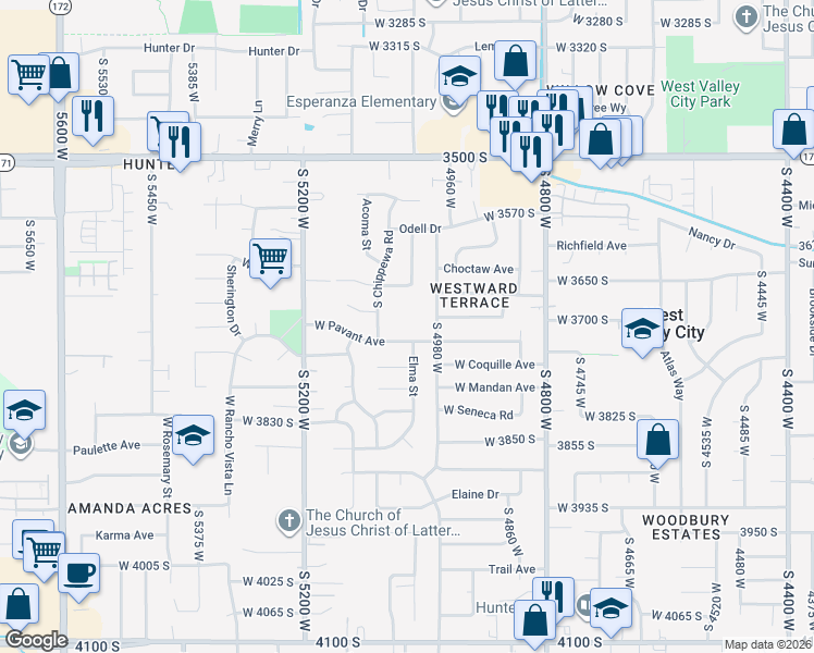 map of restaurants, bars, coffee shops, grocery stores, and more near 5000 West Pavant Avenue in West Valley City