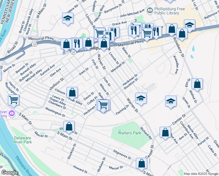 map of restaurants, bars, coffee shops, grocery stores, and more near 374 Firth Street in Phillipsburg