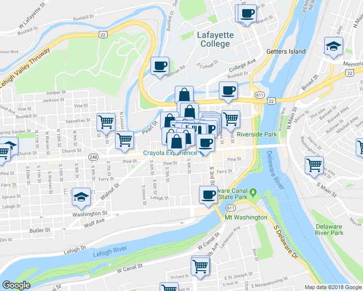 map of restaurants, bars, coffee shops, grocery stores, and more near 421 Northampton Street in Easton