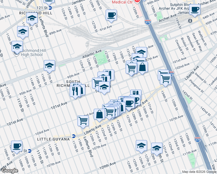 map of restaurants, bars, coffee shops, grocery stores, and more near 97-21 125th Street in Queens