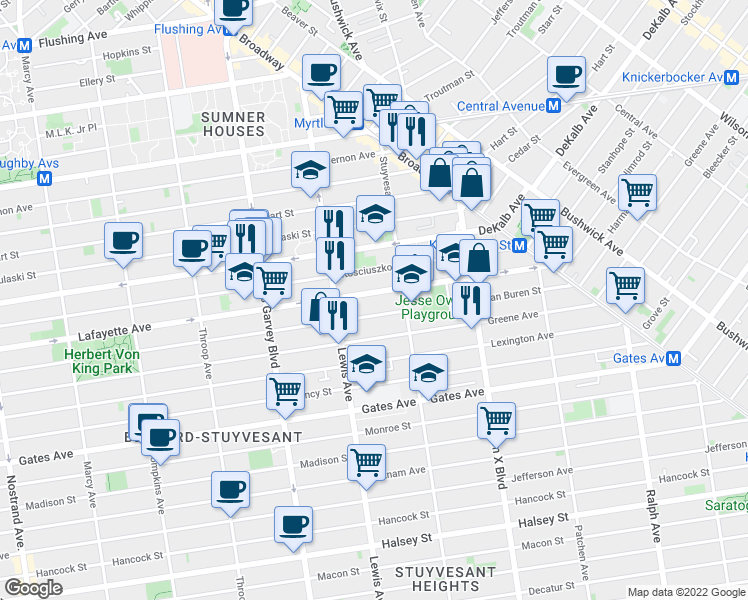 map of restaurants, bars, coffee shops, grocery stores, and more near 935 Lafayette Avenue in Brooklyn