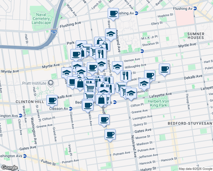 map of restaurants, bars, coffee shops, grocery stores, and more near 221 Spencer Street in Brooklyn