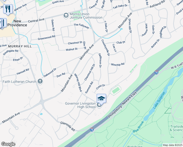 map of restaurants, bars, coffee shops, grocery stores, and more near 10 Ford Place in New Providence