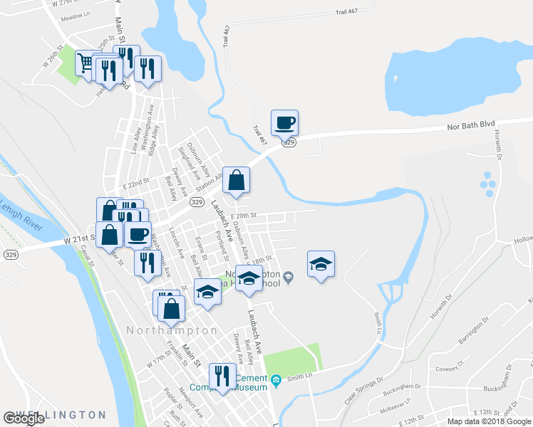 map of restaurants, bars, coffee shops, grocery stores, and more near 599 East 20th Street in Northampton