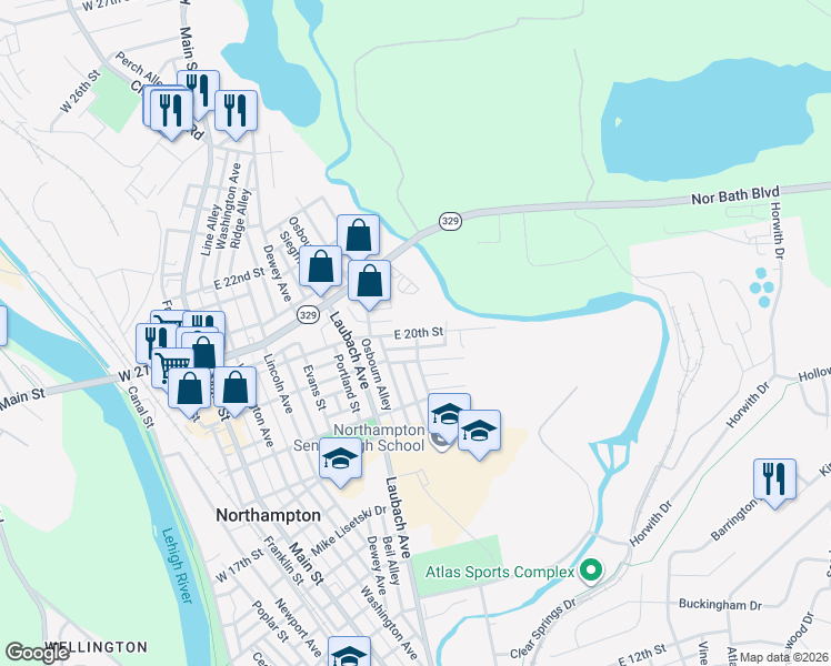 map of restaurants, bars, coffee shops, grocery stores, and more near Hokendauqua Avenue in Northampton