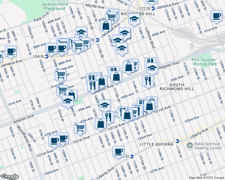 map of restaurants, bars, coffee shops, grocery stores, and more near 11102 Atlantic Avenue in Queens