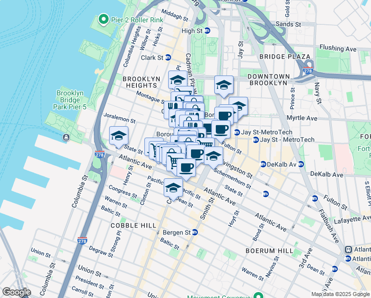 map of restaurants, bars, coffee shops, grocery stores, and more near 76 Court Street in Brooklyn