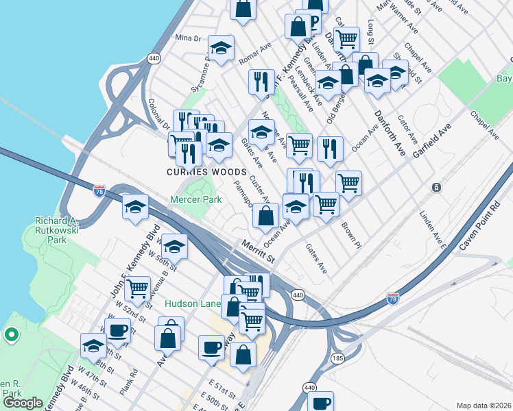 map of restaurants, bars, coffee shops, grocery stores, and more near 145 Custer Avenue in Jersey City