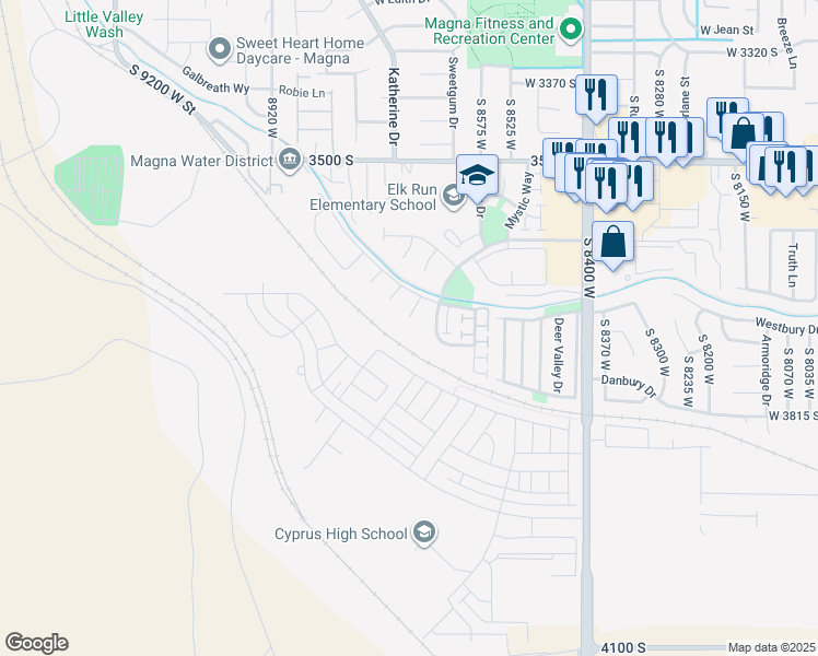 map of restaurants, bars, coffee shops, grocery stores, and more near 3701 Wind Dancer Court West in Magna