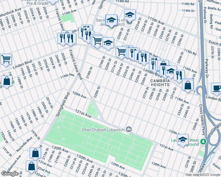 map of restaurants, bars, coffee shops, grocery stores, and more near 118-40 222nd Street in Queens