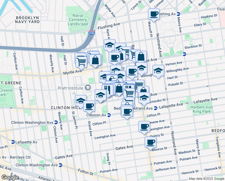 map of restaurants, bars, coffee shops, grocery stores, and more near 213 Taaffe Place in Brooklyn