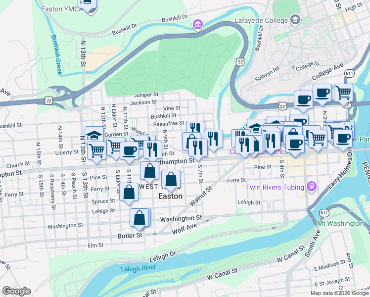 map of restaurants, bars, coffee shops, grocery stores, and more near 25 North 8th Street in Easton