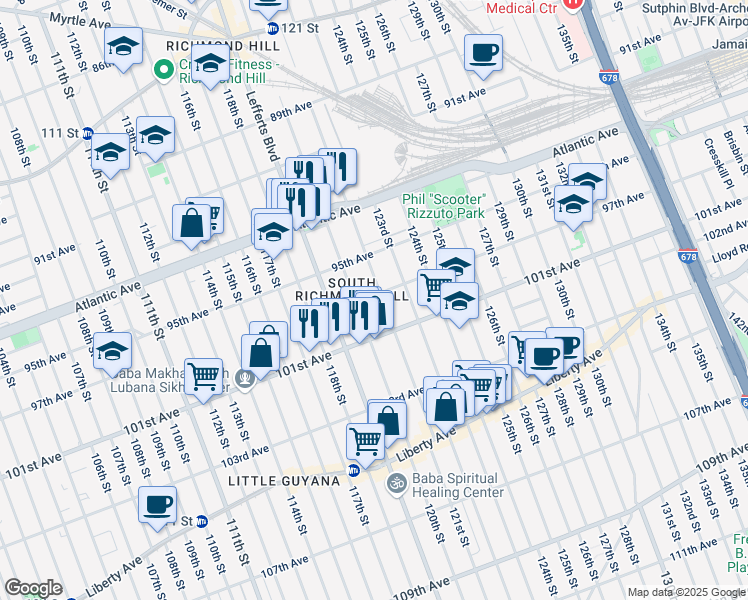 map of restaurants, bars, coffee shops, grocery stores, and more near 120-18 97th Avenue in Queens
