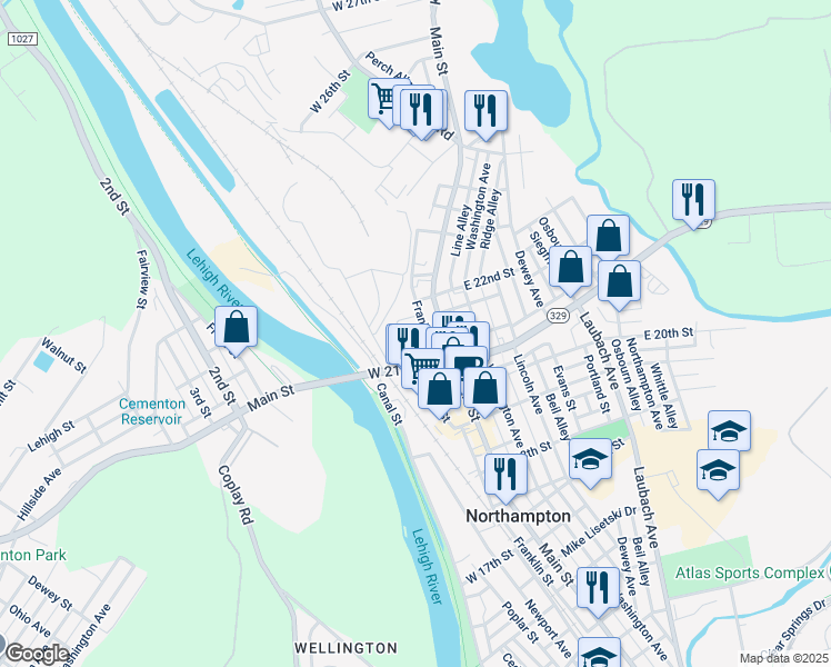 map of restaurants, bars, coffee shops, grocery stores, and more near 2105 Cross Country Road in Northampton