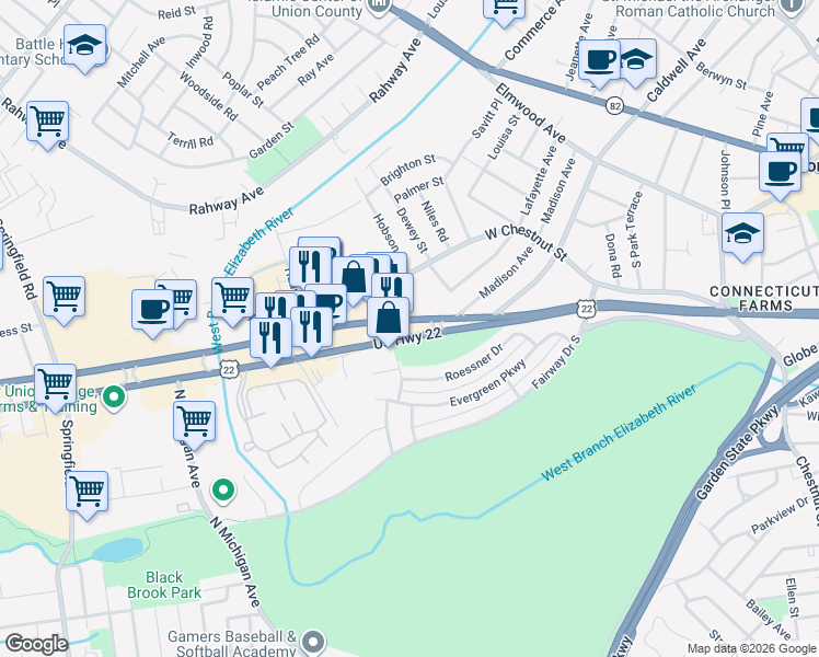 map of restaurants, bars, coffee shops, grocery stores, and more near 2180 U.S. 22 in Union