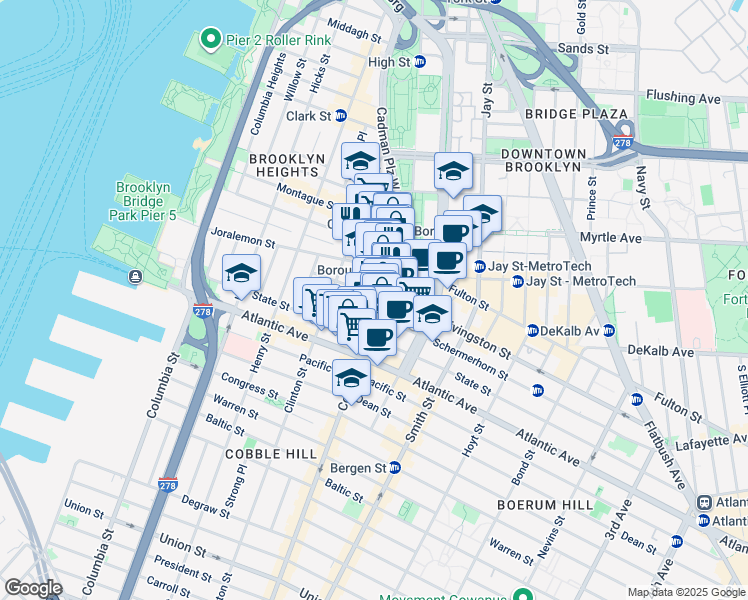 map of restaurants, bars, coffee shops, grocery stores, and more near 76 Court Street in Brooklyn
