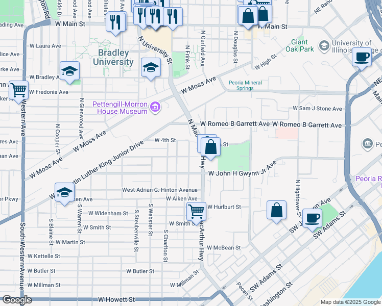 map of restaurants, bars, coffee shops, grocery stores, and more near 910 W 4th St in Peoria