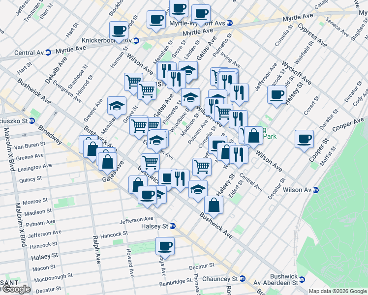 map of restaurants, bars, coffee shops, grocery stores, and more near 1247 Putnam Avenue in Brooklyn