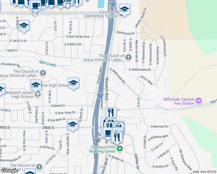 map of restaurants, bars, coffee shops, grocery stores, and more near 3637 Wasatch Boulevard in Salt Lake City