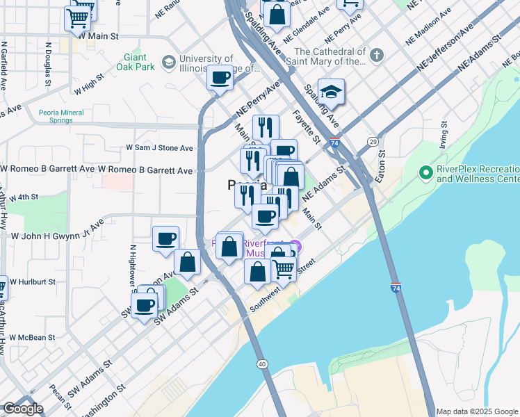 map of restaurants, bars, coffee shops, grocery stores, and more near 331 Fulton Street in Peoria